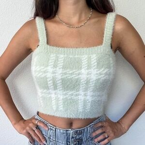 Kendall & Kylie White Green Plaid Fuzzy Cropped Tank Top Coquette Girl